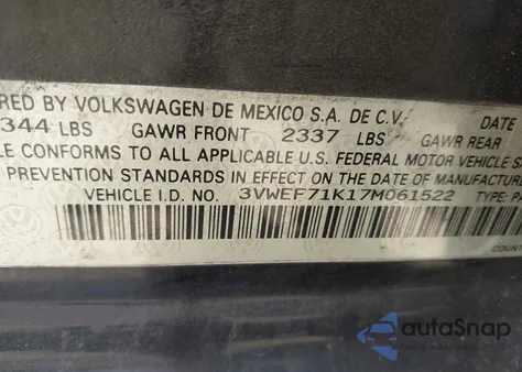 2007 Volkswagen Jetta Wolfsburg Edition z USA, uszkodzony, nr VIN 3VWEF71K17M061522
